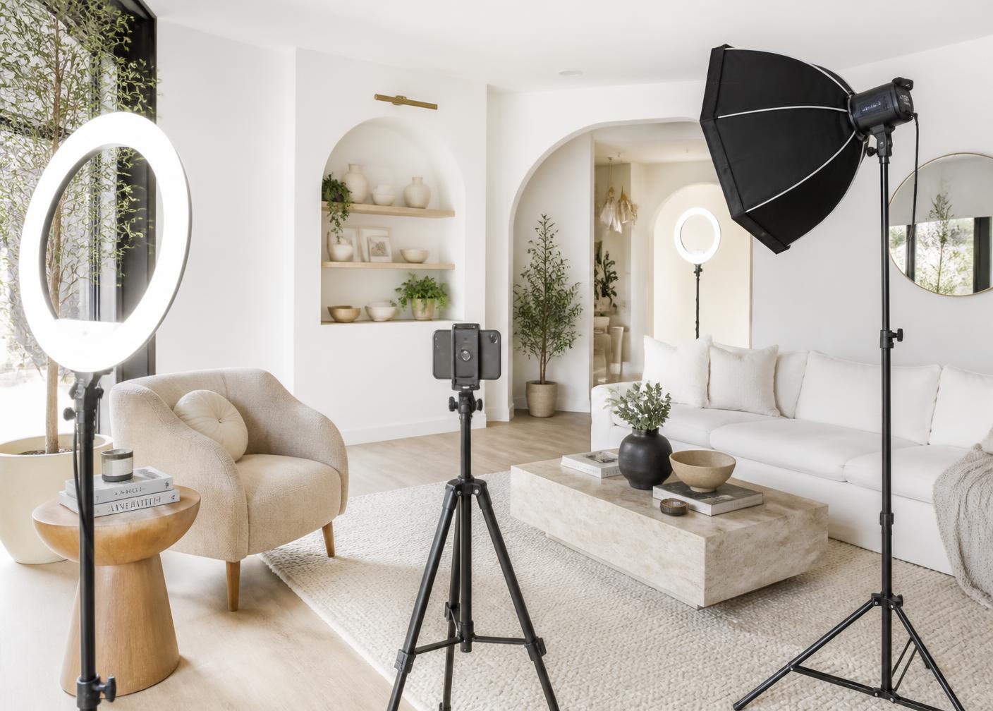 Bright Airbnb living room converted into a content creation studio with ring lights and a phone tripod